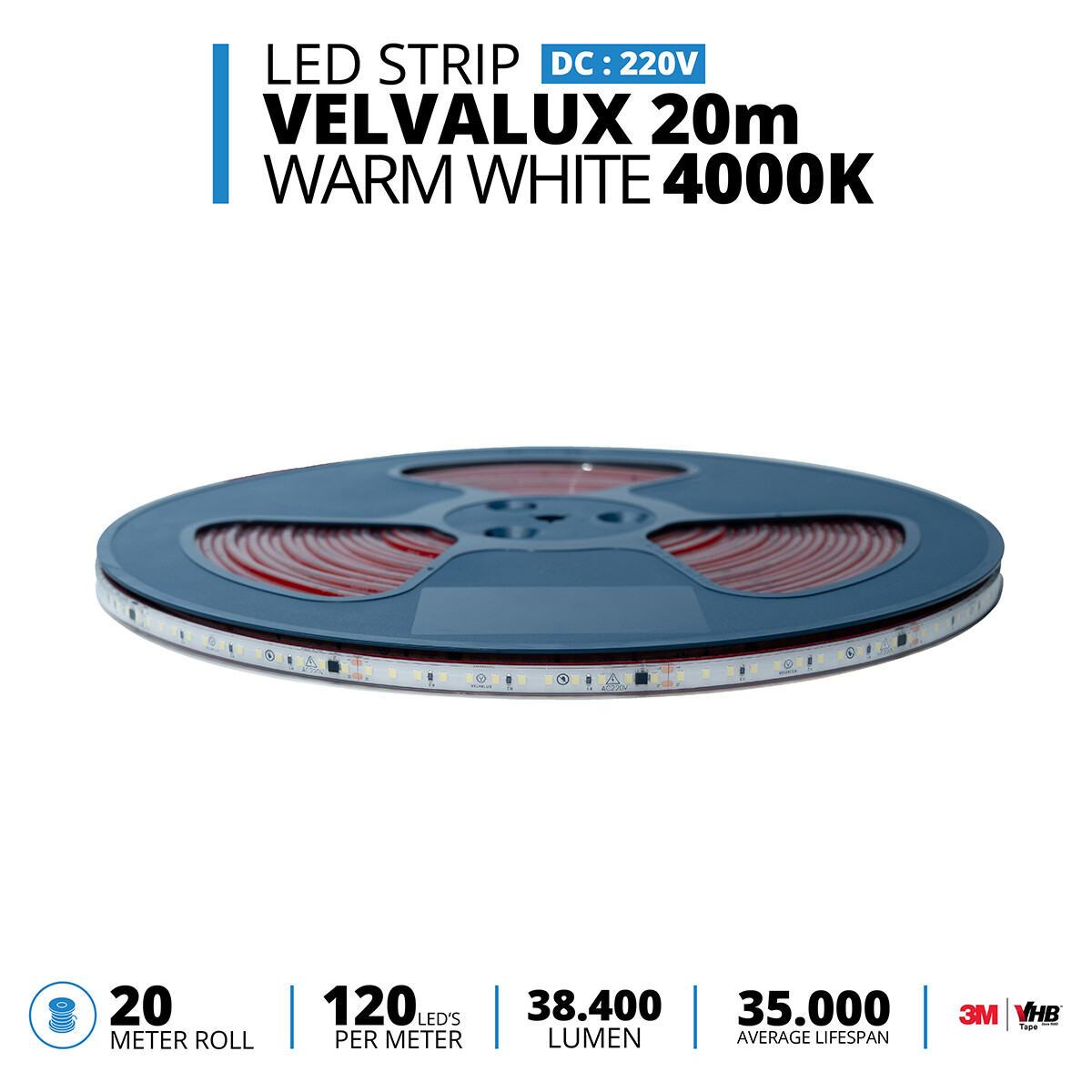 LED Strip - Velvalux - 20 Meter - Natuurlijk Wit 4000K - Dimbaar - Waterdicht IP67 - 38400 Lumen - 2400 LEDs - Directe Aansluiting op Netstroom - Werkt zonder Driver