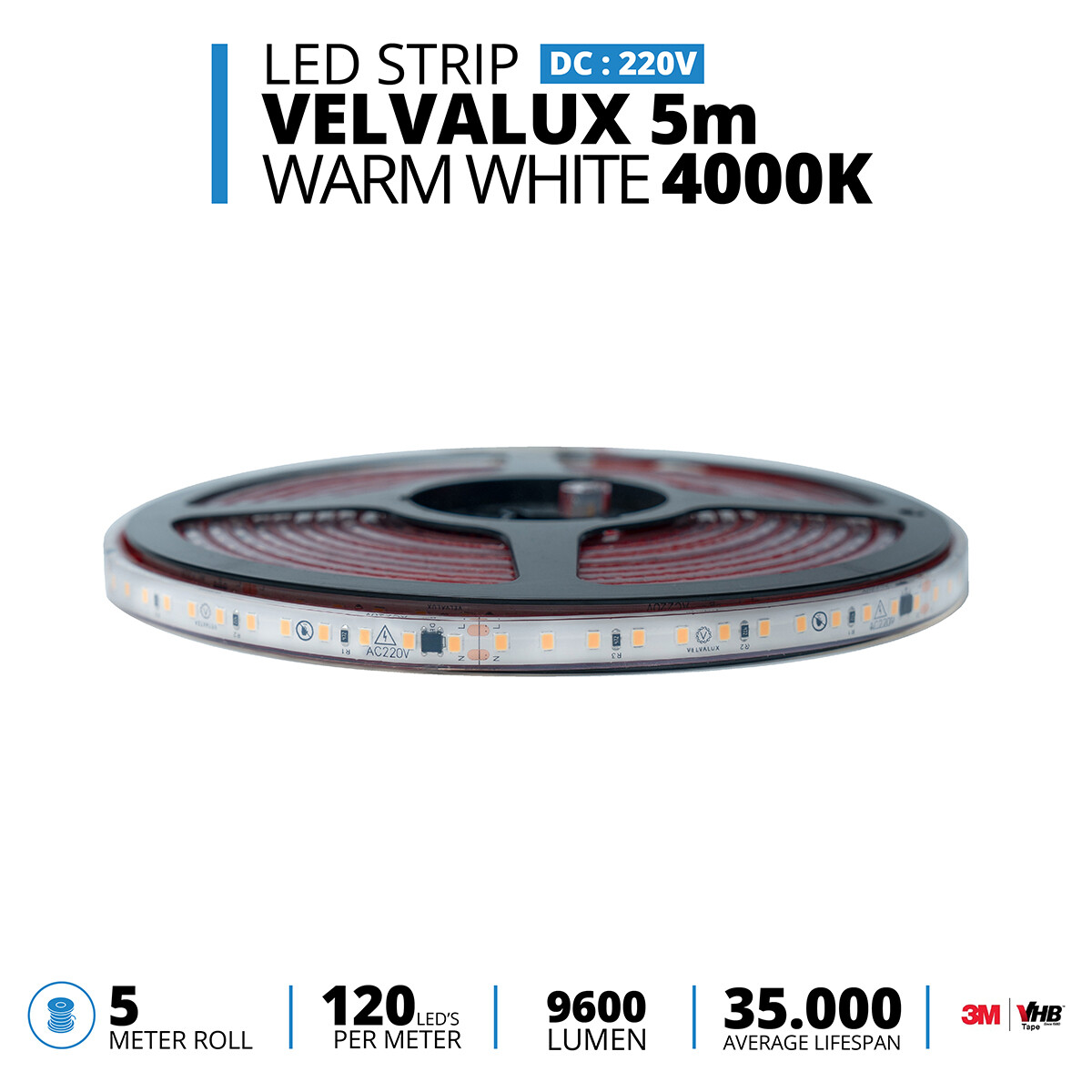 LED Strip - Velvalux - 5 Meter - Natuurlijk Wit 4000K - Dimbaar - Waterdicht IP67 - 9600 Lumen - 600 LEDs - Directe Aansluiting op Netstroom - Werkt zonder Driver