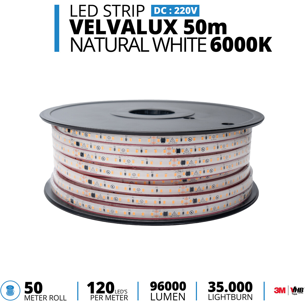 LED Strip - Velvalux - 50 Meter - Helder.Koud Wit 6000K - Dimbaar - Waterdicht IP67 - 96000 Lumen - 6000 LEDs - Directe Aansluiting op Netstroom - Werkt zonder Driver