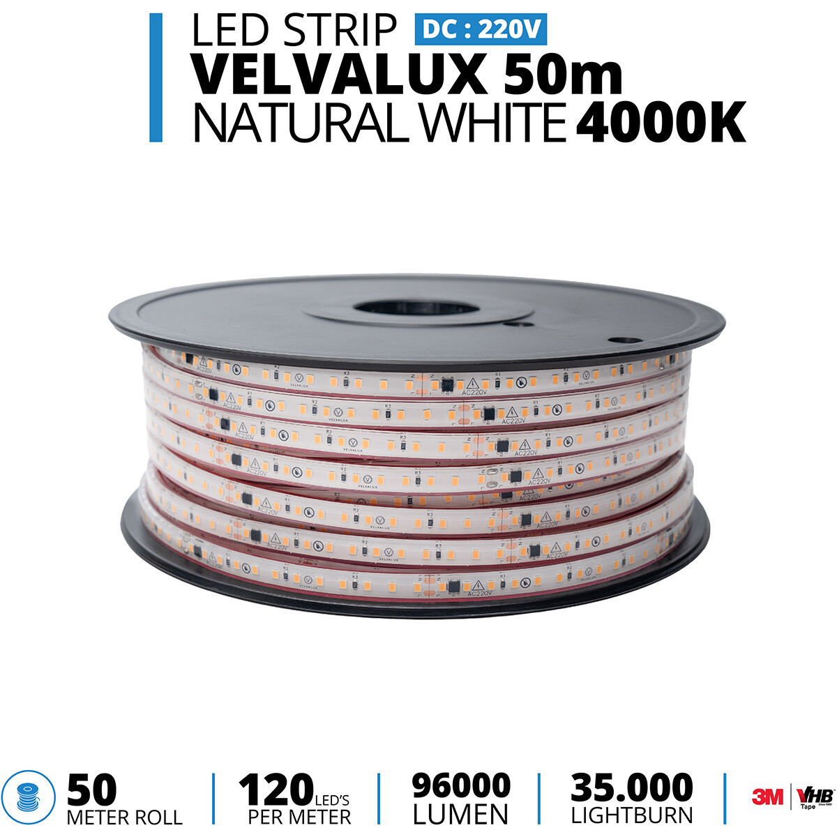 LED Strip - Velvalux - 50 Meter - Natuurlijk Wit 4000K - Dimbaar - Waterdicht IP67 - 96000 Lumen - 6000 LEDs - Directe Aansluiting op Netstroom - Werkt zonder Driver