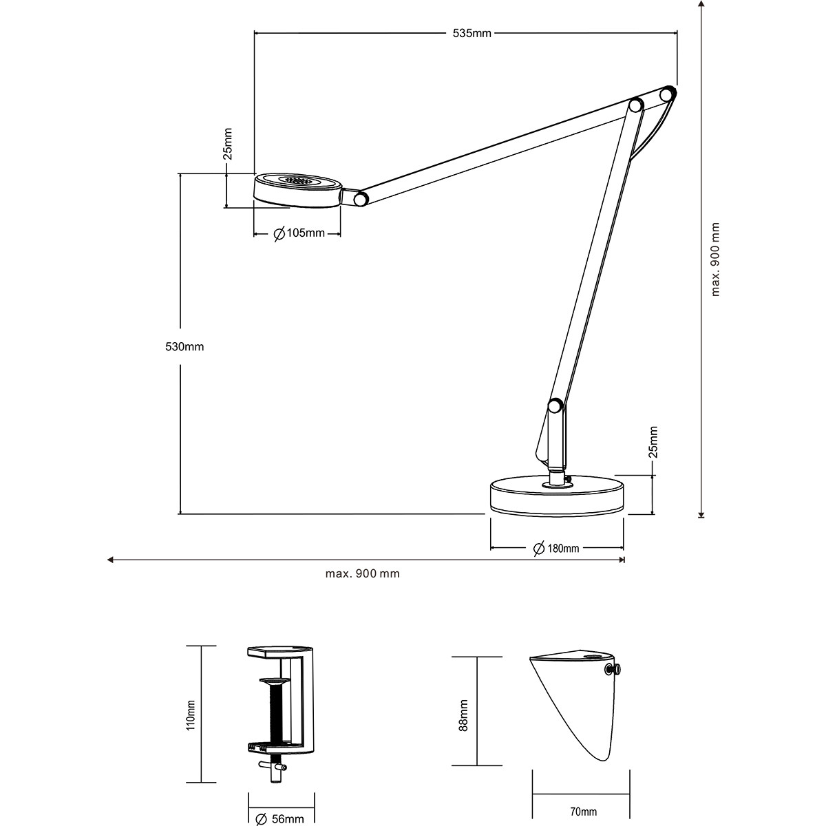 LED Bureaulamp - Trion Amsty - 5W - Warm Wit 3000K - Rond - Glans Zwart - Aluminium