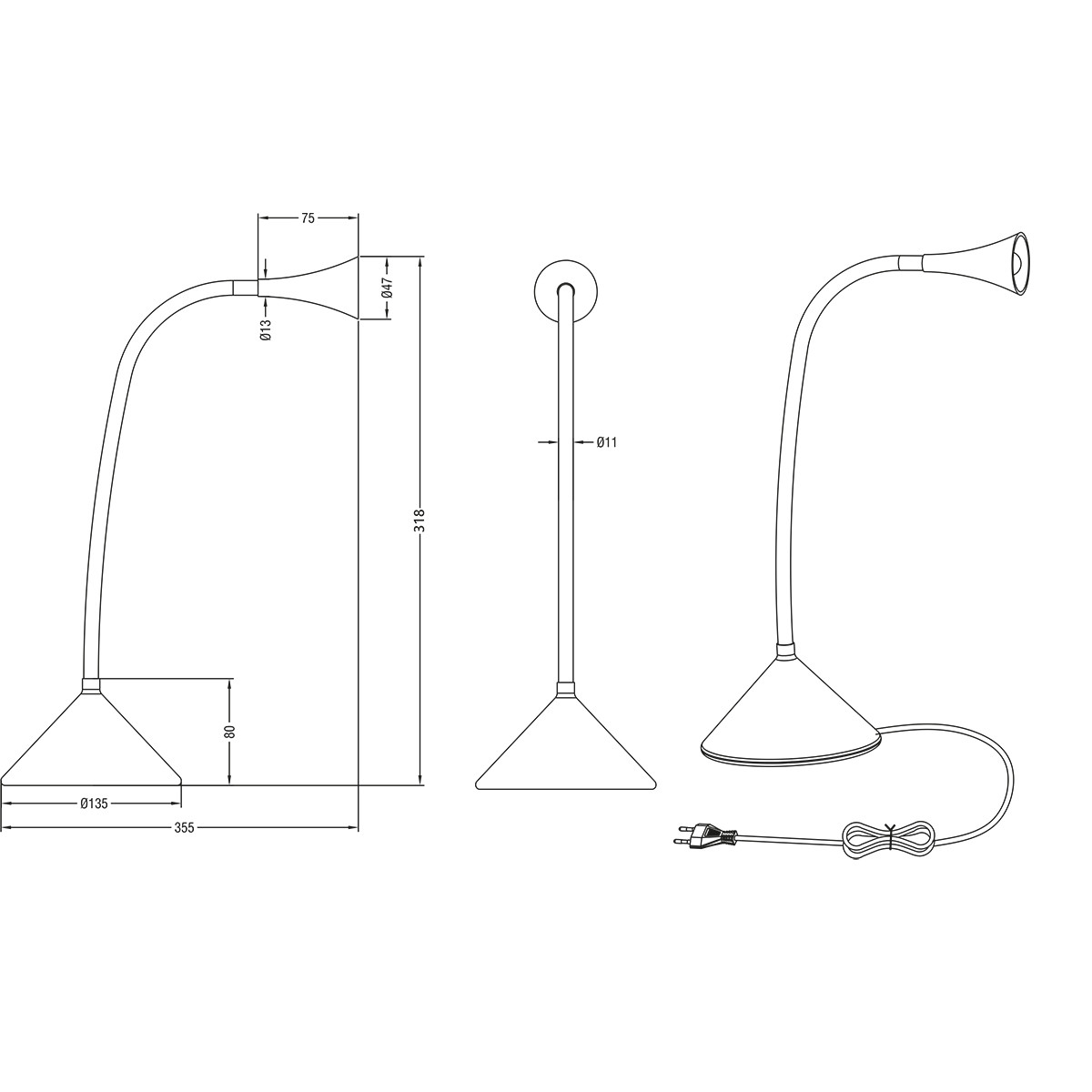 LED Bureaulamp - Trion Vipa - 3W - Warm Wit 3000K - Rond - Glans Grijs - Kunststof