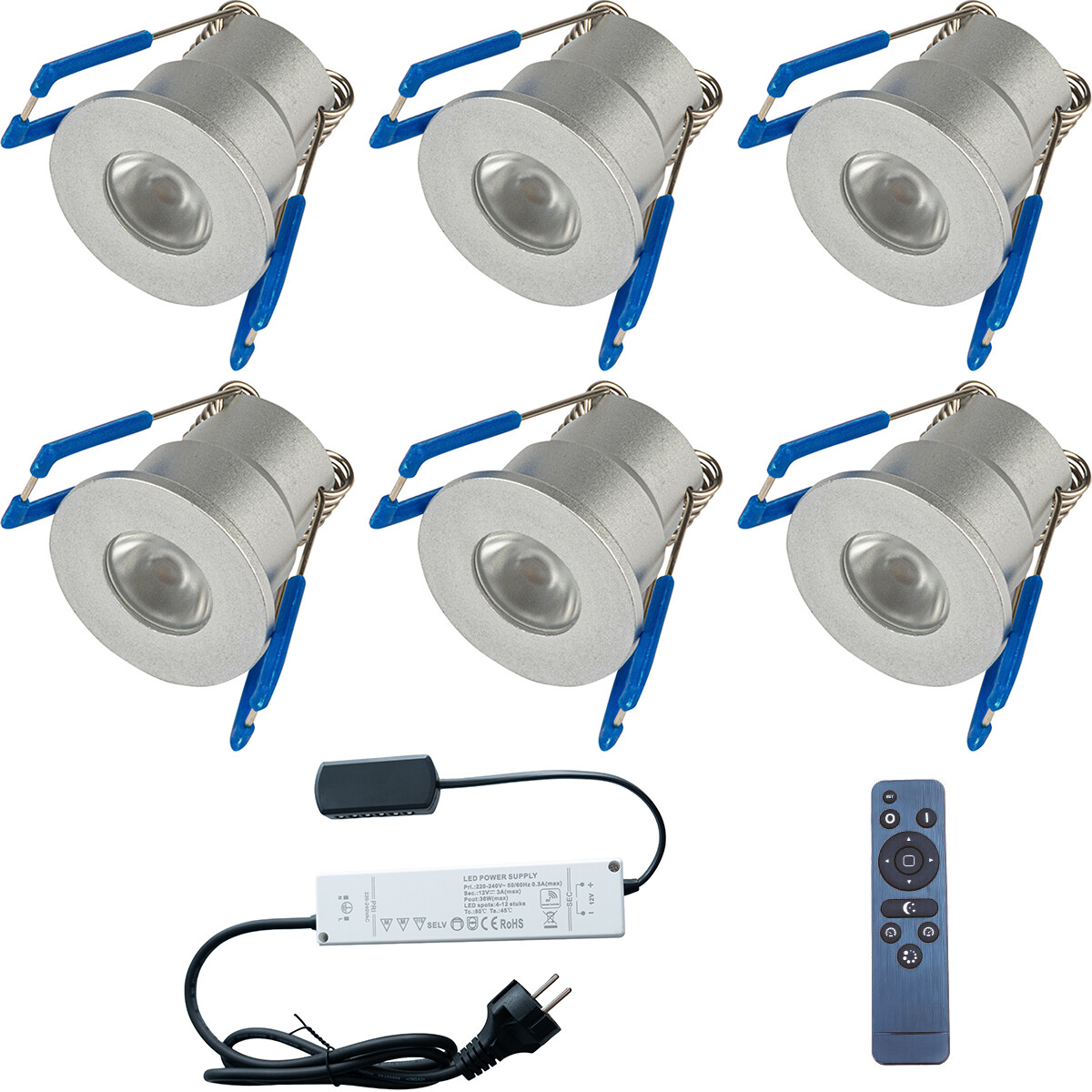 LED Veranda Spot Complete Set - Velvalux - 6 Stuks - 3W - Natuurlijk Wit 4000K - Dimbaar - Waterdicht IP65 - Inbouw - Rond - Mat Zilver - Aluminium - 12V