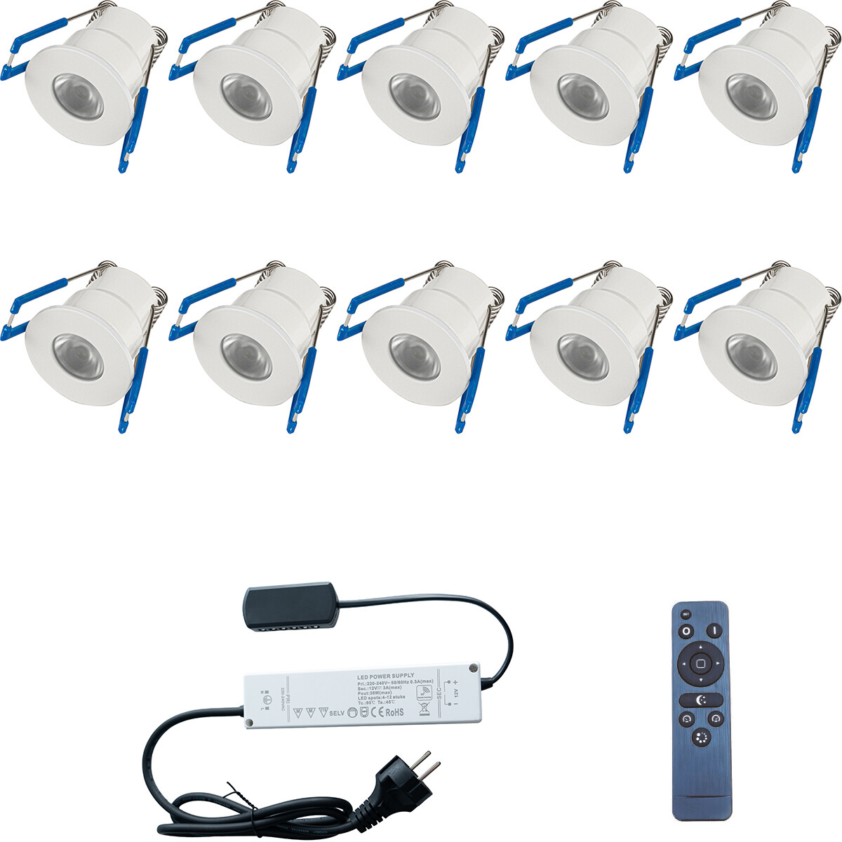 LED Veranda Spot Complete Set - Velvalux - 10 Stuks - 3W - Warm Wit 3000K - Dimbaar - Waterdicht IP65 - Inbouw - Rond - Mat Wit - Aluminium - 12V