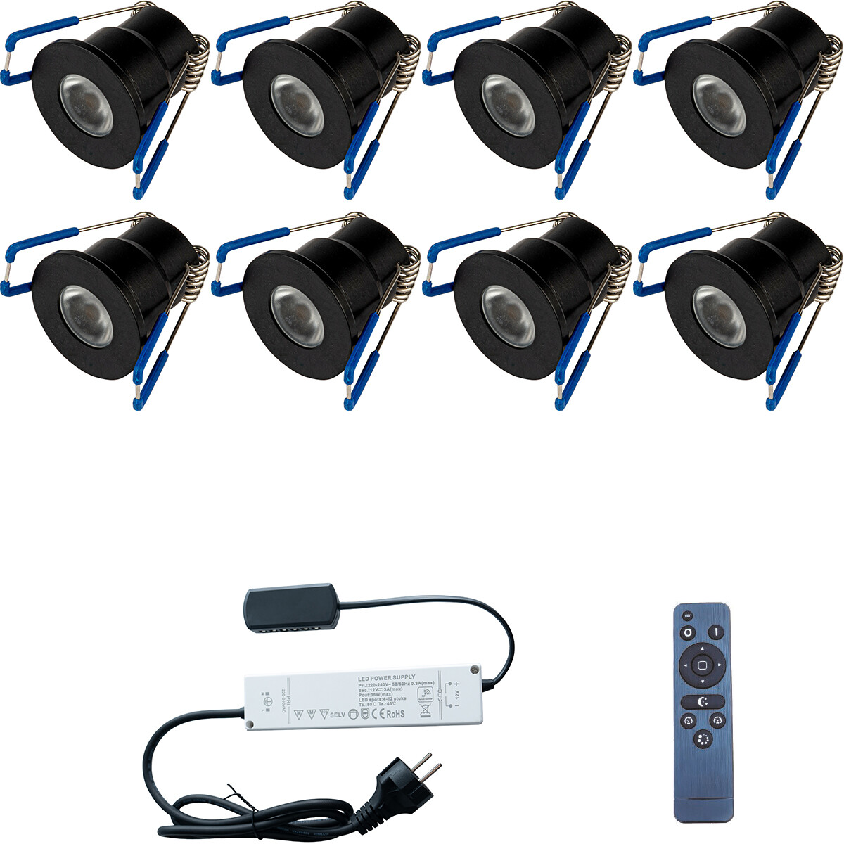 LED Veranda Spot Complete Set - Velvalux - 8 Stuks - 3W - Natuurlijk Wit 4000K - Dimbaar - Waterdicht IP65 - Inbouw - Rond - Mat Zwart - Aluminium - 12V