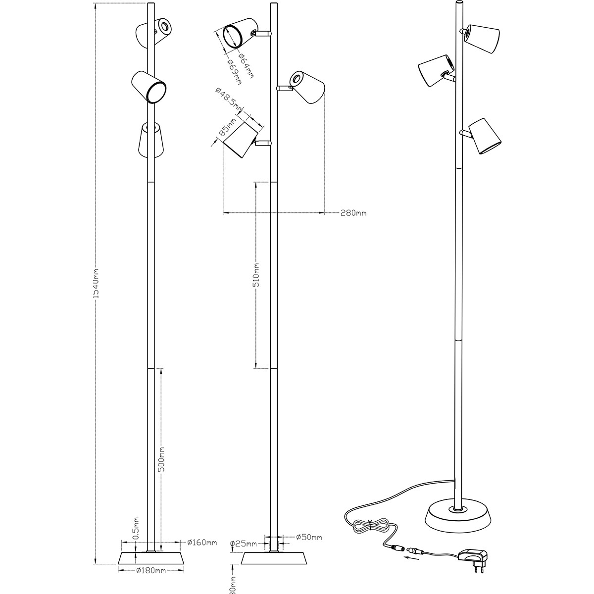 LED Vloerlamp - Trion Narca - 20.7W - Warm Wit 3000K - 3-lichts - Dimbaar - Rond - Mat Nikkel - Aluminium