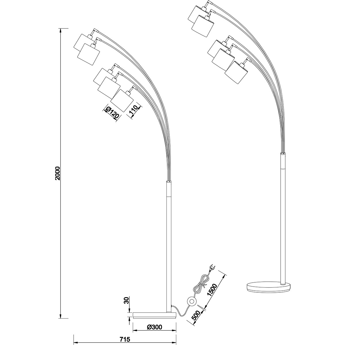 LED Vloerlamp - Trion Torry - E14 Fitting - 5-lichts - Rond - Mat Zwart/Goud - Aluminium - Max. 28W