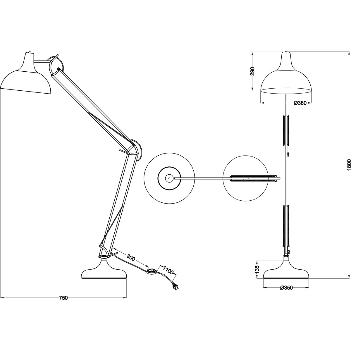 LED Vloerlamp - Trion Salvy - E27 Fitting - 1-lichts - Verstelbaar - Rond - Mat Zwart - Aluminium