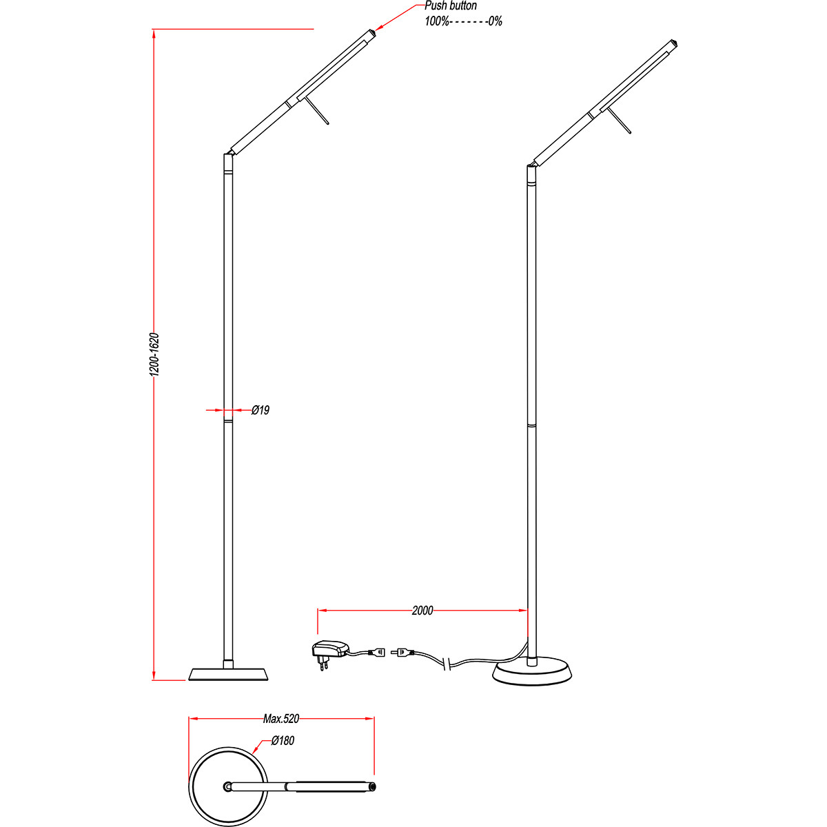 LED Vloerlamp - Trion Filiga XL - 6W - Warm Wit 3000K - 1-lichts - Dimbaar - Rond - Mat Nikkel - Aluminium