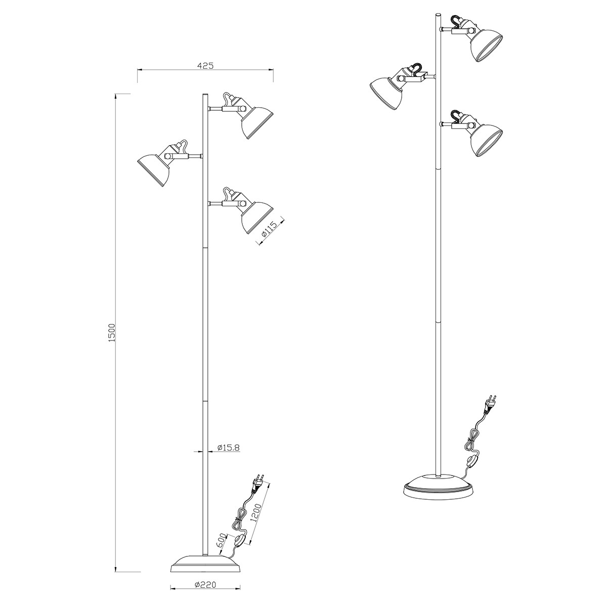 LED Vloerlamp - Trion Gini - E14 Fitting - 3-lichts - Rond - Mat Zwart - Aluminium