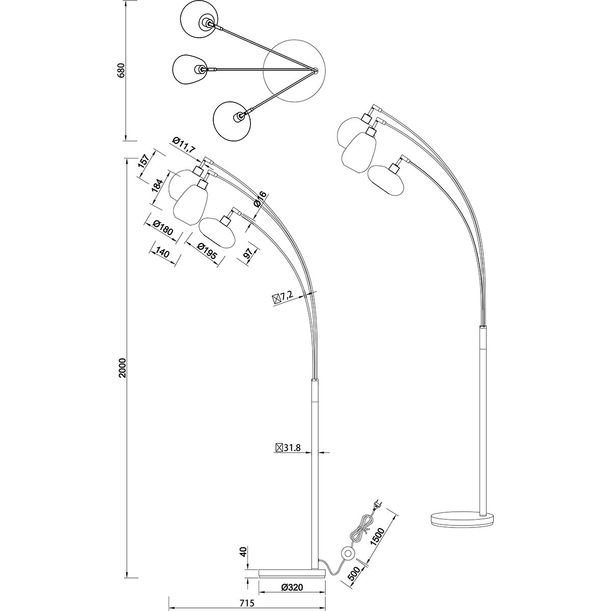 LED Vloerlamp - Trion Lidia - E14 Fitting - 3-lichts - Rond - Glas - Mat Zwart - Metaal