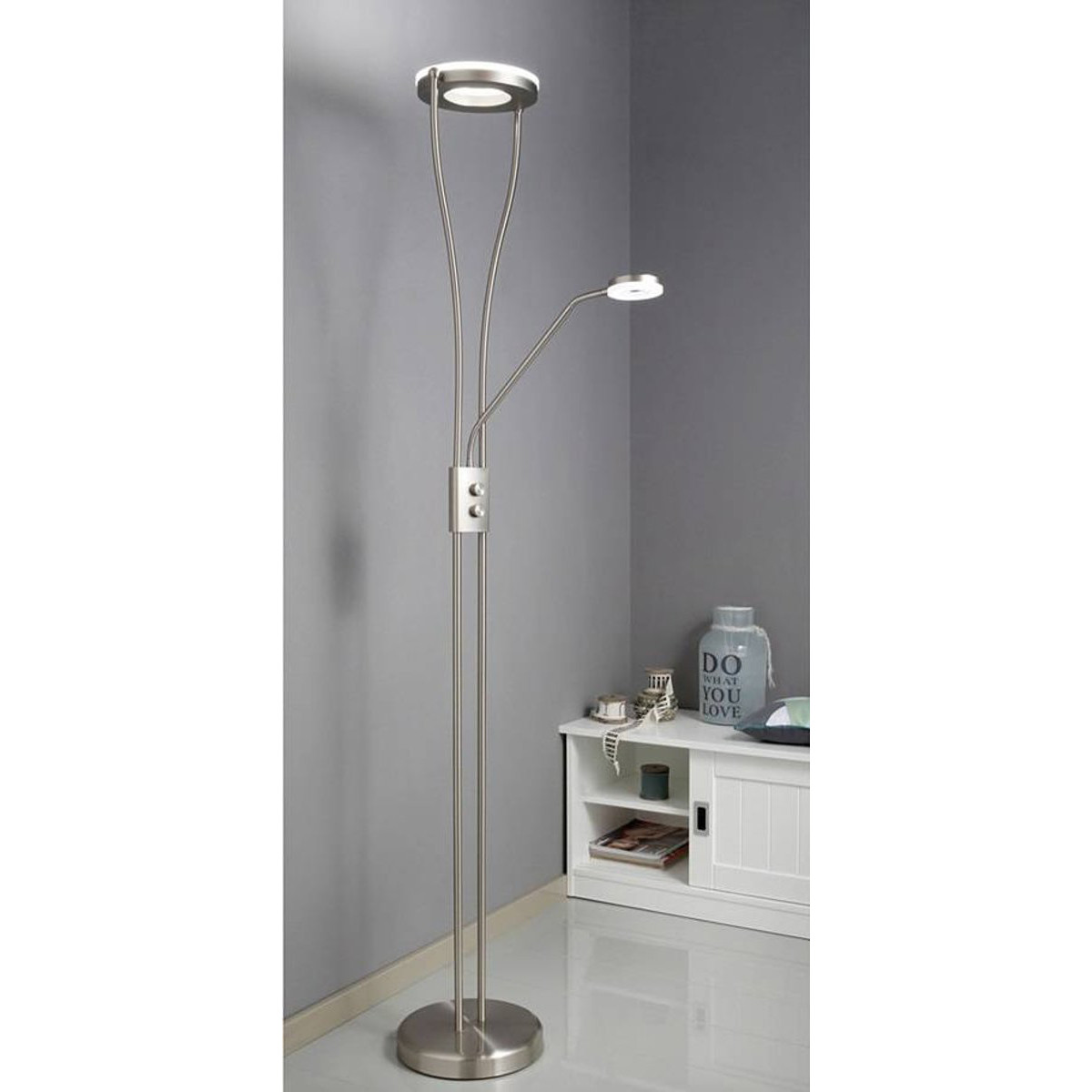 LED Vloerlamp - Trion Renny - 22W - Warm Wit 3000K - Dimbaar - Rond - Mat Nikkel - Aluminium