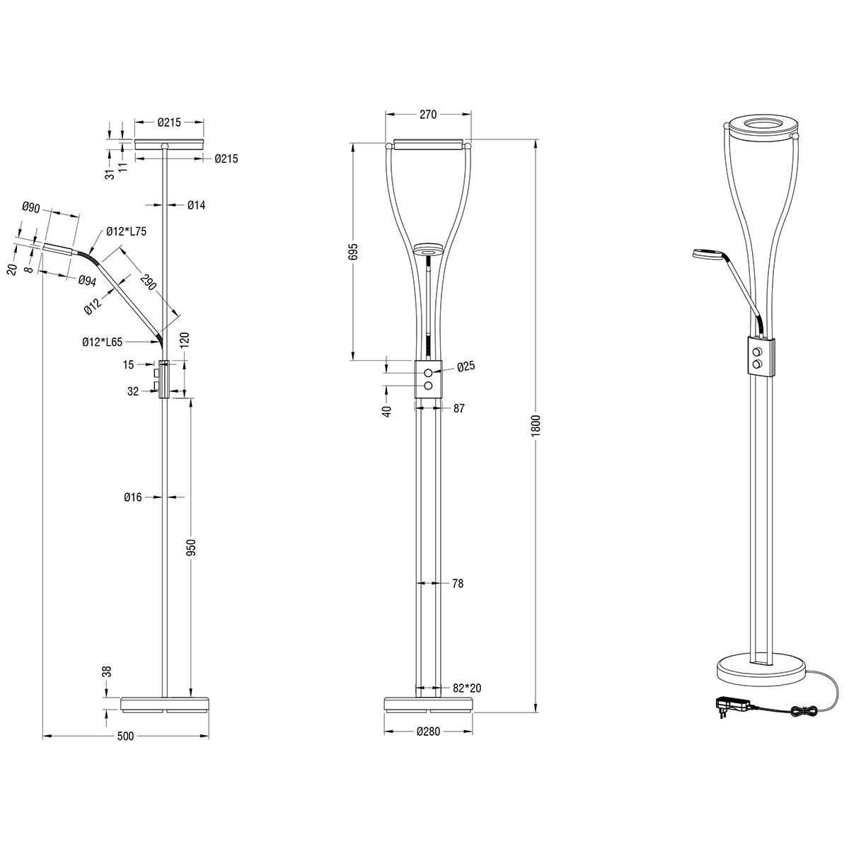 LED Vloerlamp - Trion Renny - 22W - Warm Wit 3000K - Dimbaar - Rond - Mat Nikkel - Aluminium