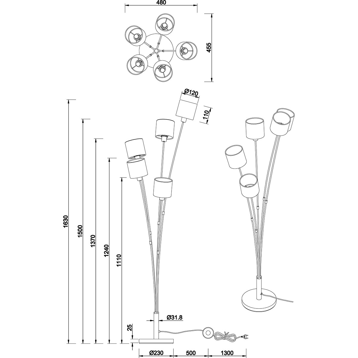 LED Vloerlamp - Trion Torry - E14 Fitting - 5-lichts - Rond - Mat Zwart/Goud - Aluminium - Max. 40W