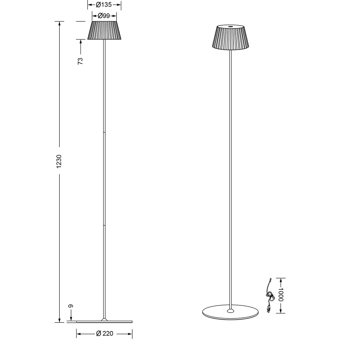 LED Vloerlamp - Trion Uraz - 1.5W - Warm Wit 3000K - Spatwaterdicht IP44 - USB Oplaadbaar - Rond - Mat Zwart - Metaal