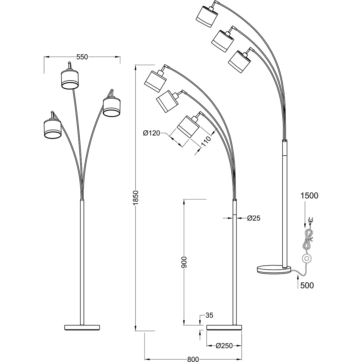 LED Vloerlamp - Trion Vamos - E14 Fitting - 3-lichts - Rond - Mat Zwart - Metaal