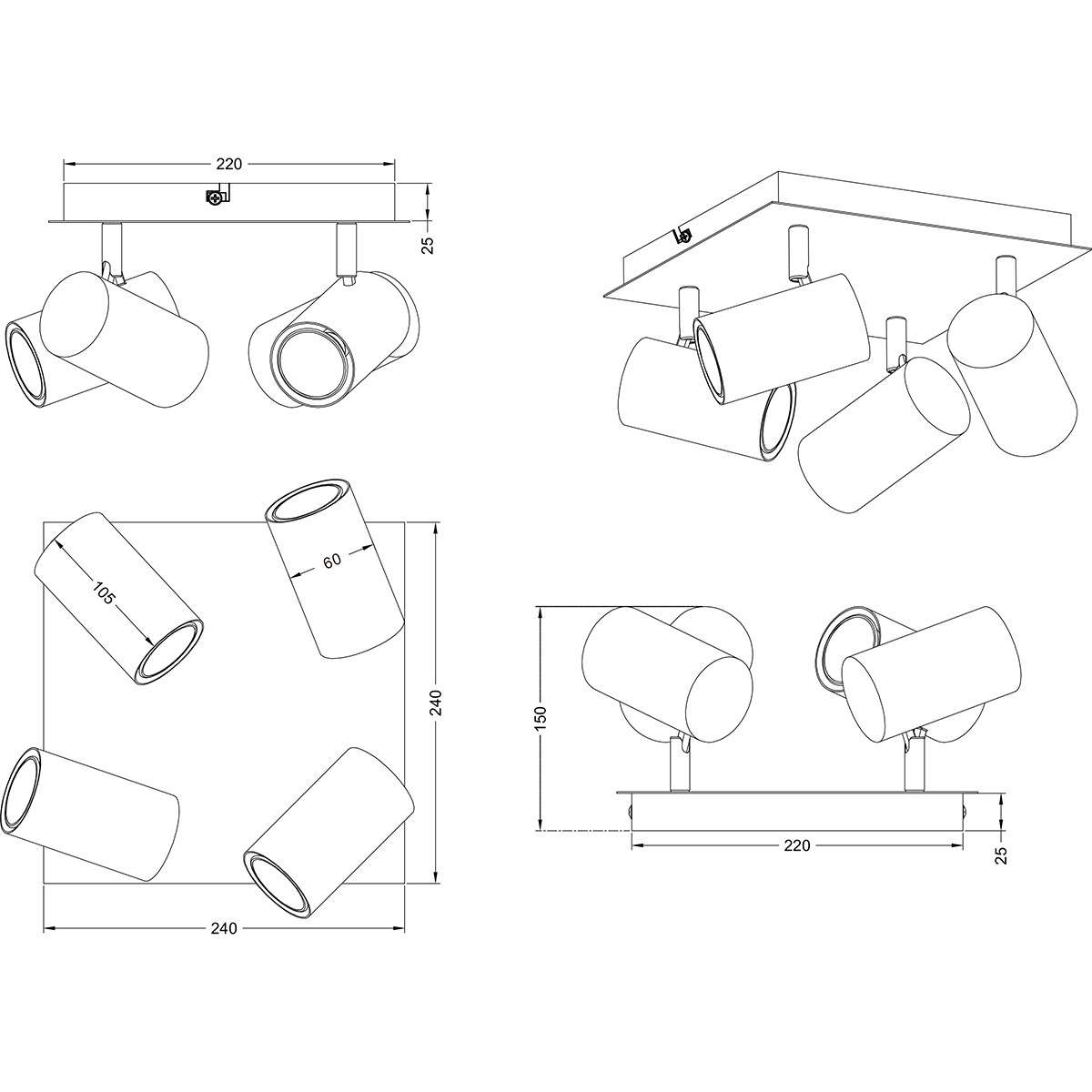 LED Plafondspot - Trion Milona - GU10 Fitting - 4-lichts - Rond - Mat Zwart/Goud - Aluminium