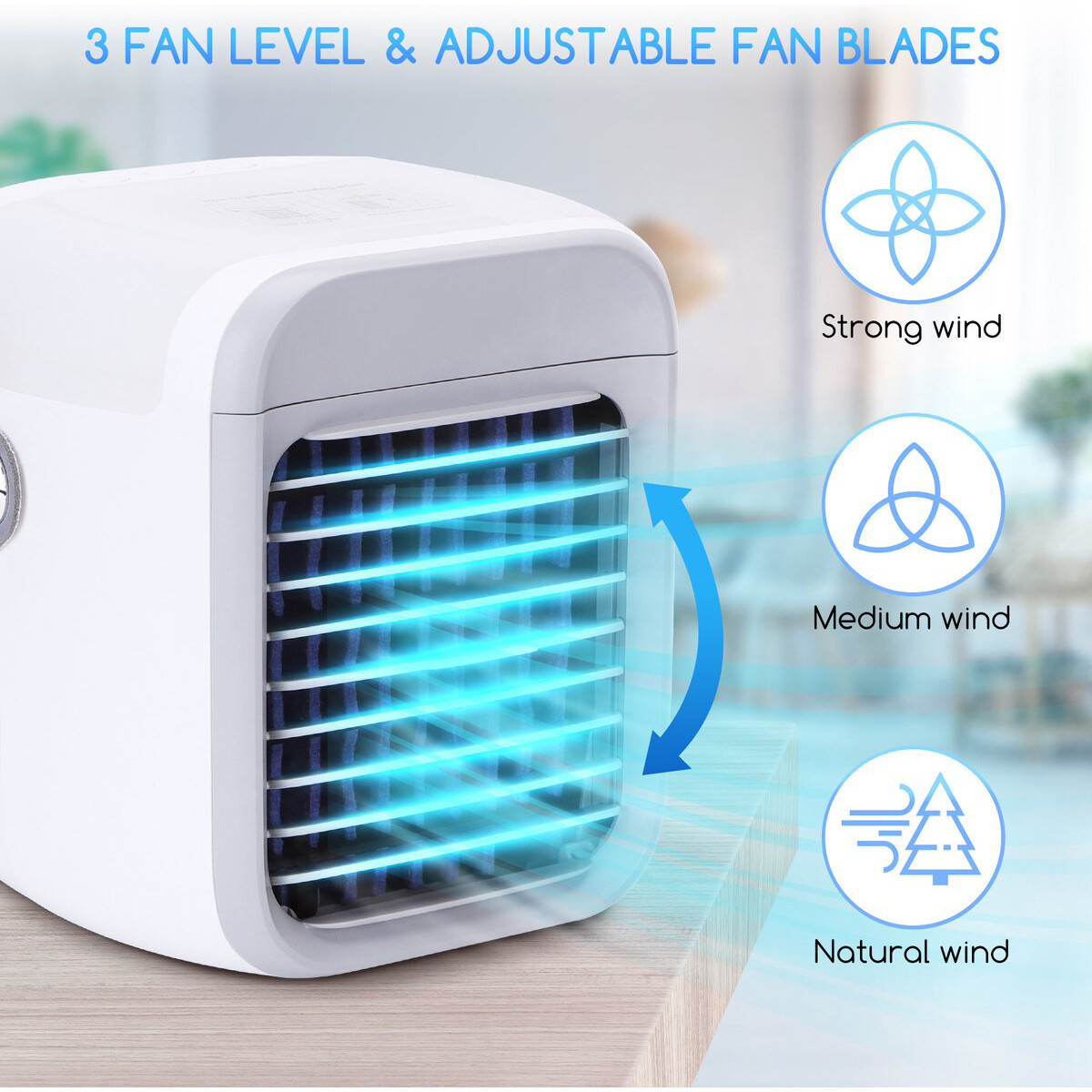 Mini Aircooler met LED Verlichting - Aigi Cuby - Mistventilator - Mini Tafelventilator - Luchtkoeler - USB Oplaadbaar - Wit