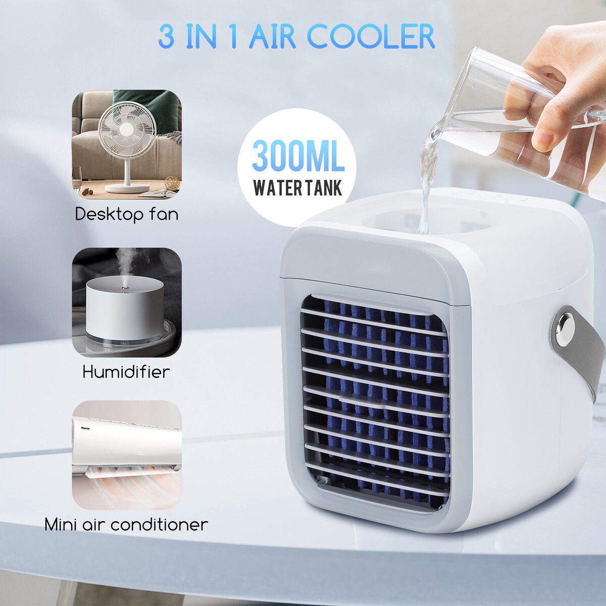 Mini Aircooler met LED Verlichting - Aigi Cuby - Mistventilator - Mini Tafelventilator - Luchtkoeler - USB Oplaadbaar - Wit