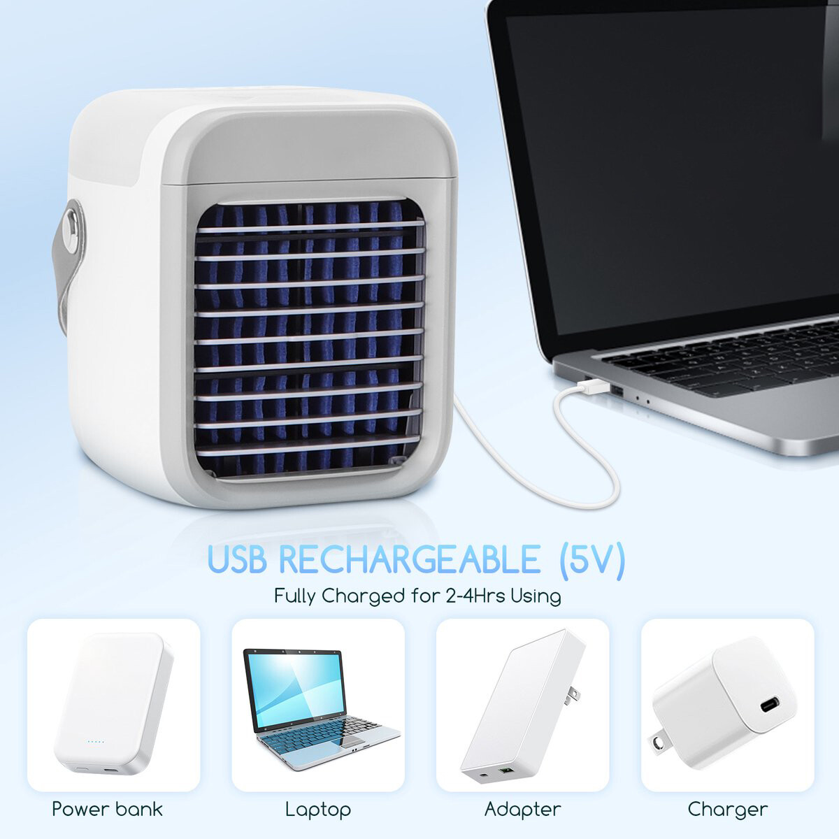 Mini Aircooler met LED Verlichting - Aigi Cuby - Mistventilator - Mini Tafelventilator - Luchtkoeler - USB Oplaadbaar - Wit