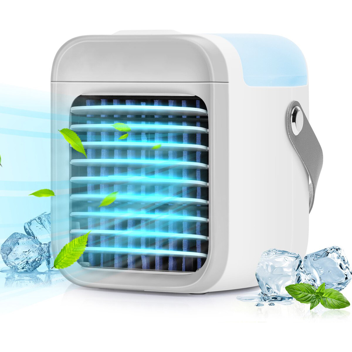 Mini Aircooler met LED Verlichting - Aigi Cuby - Mistventilator - Mini Tafelventilator - Luchtkoeler - USB Oplaadbaar - Wit