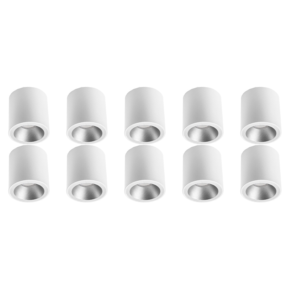 Opbouwspot 10 Pack - Pragmi Cliron Pro - GU10 Fitting - Opbouw Rond - Mat Wit/Zilver - Aluminium - Verdiept - Ø90mm