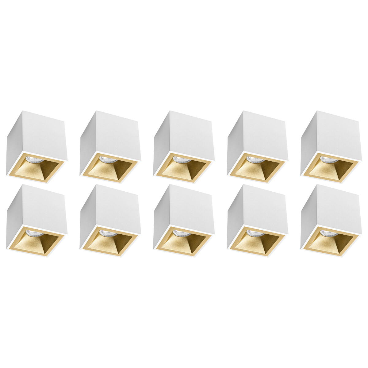 Opbouwspot 10 Pack - Pragmi Cliron Pro - GU10 Fitting - Opbouw Vierkant - Mat Wit/Goud - Aluminium - Verdiept - Ø90mm