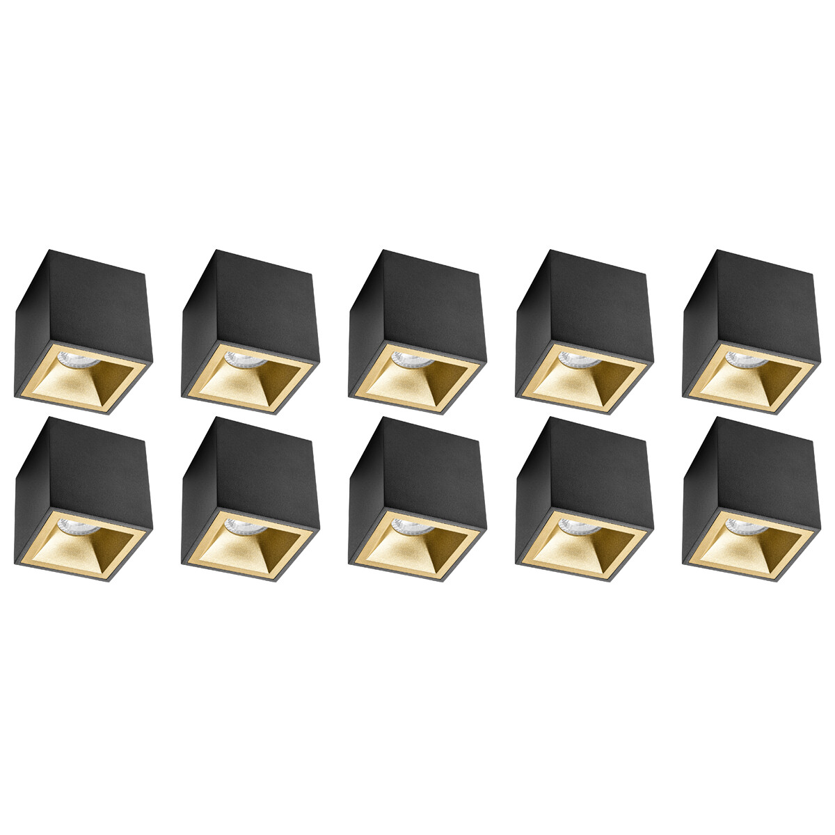 Opbouwspot 10 Pack - Pragmi Cliron Pro - GU10 Fitting - Opbouw Vierkant - Mat Zwart/Goud - Aluminium - Verdiept - Ø90mm