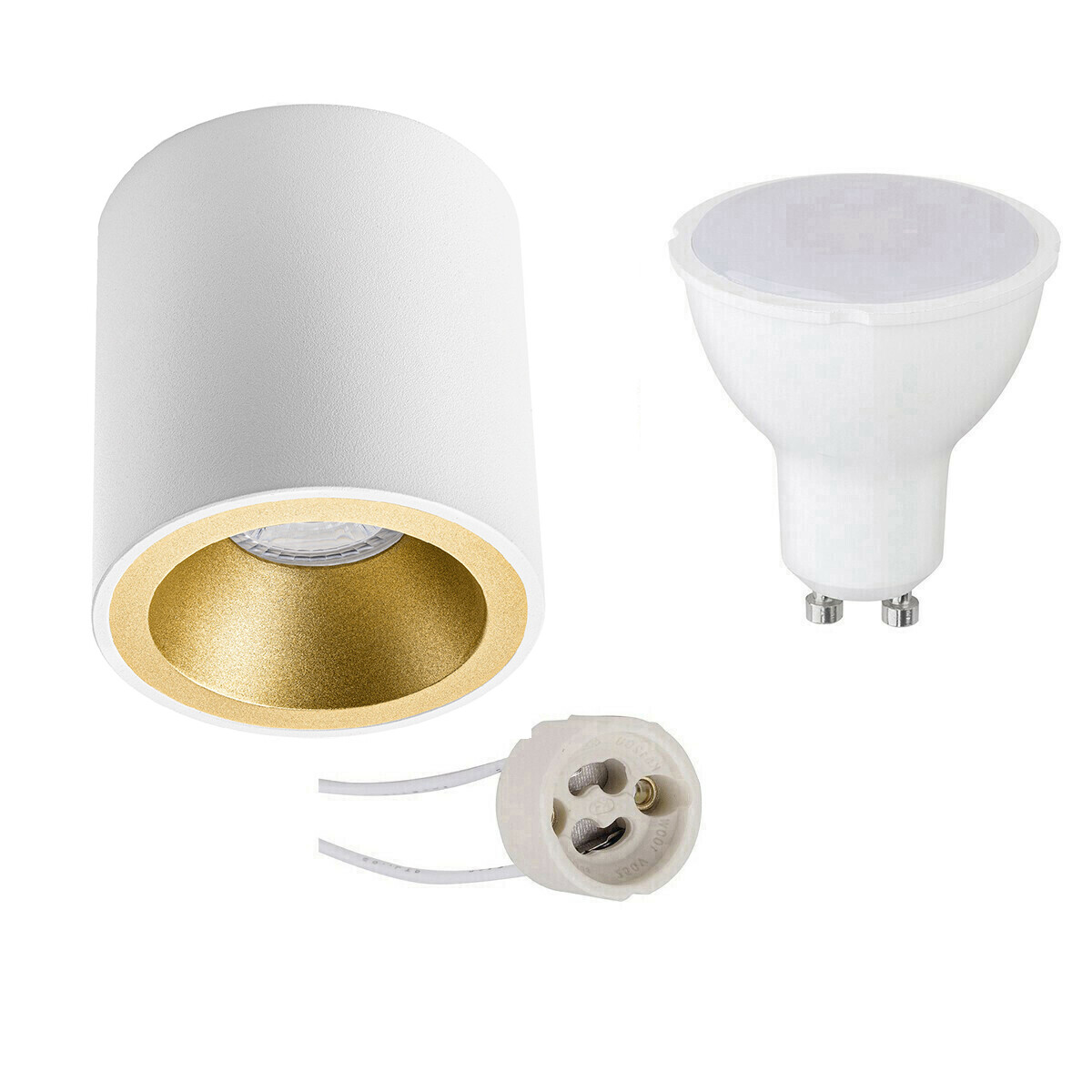 Opbouwspot Set - Pragmi Cliron Pro - GU10 Fitting - Opbouw Rond - Mat Wit/Goud - 4W - Warm Wit 3000K - Verdiept - Ø90mm