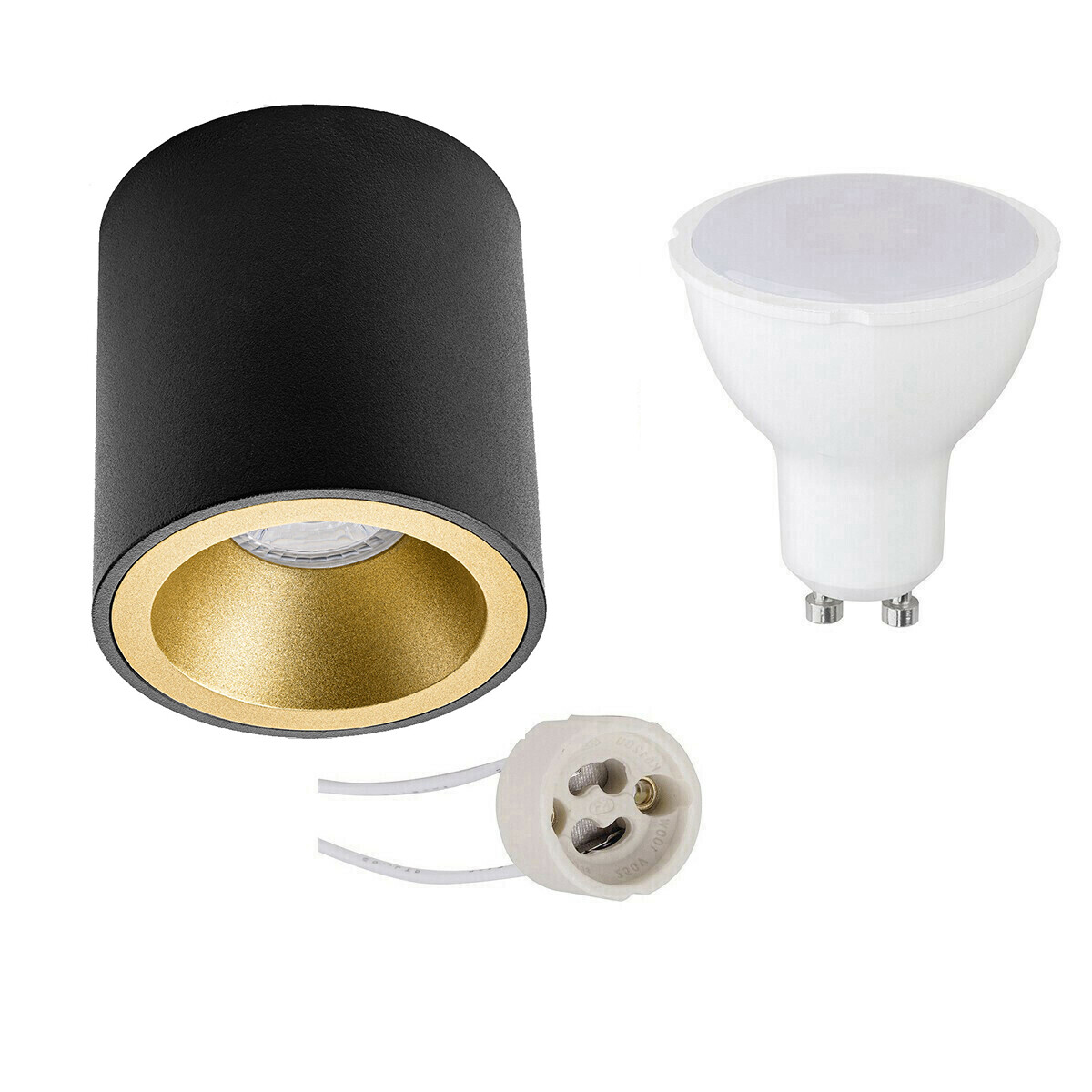 Opbouwspot Set - Pragmi Cliron Pro - GU10 Fitting - Dimbaar - Opbouw Rond - Mat Zwart/Goud - 6W - Natuurlijk Wit 4200K - Verdiept - Ø90mm