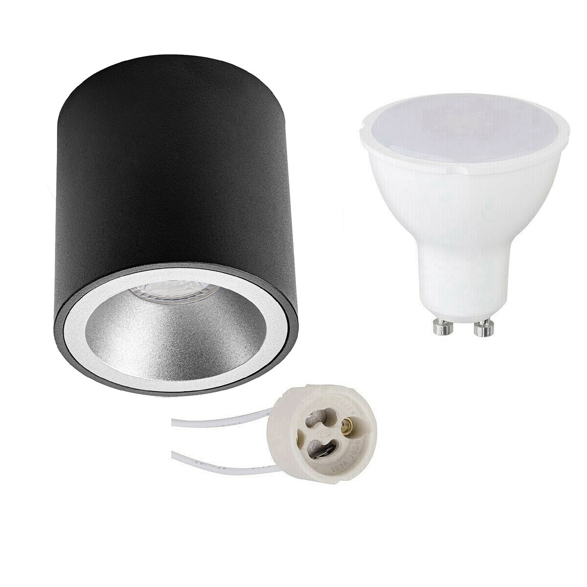 Opbouwspot Set - Pragmi Cliron Pro - GU10 Fitting - Opbouw Rond - Mat Zwart/Zilver - 6W - Warm Wit 3000K - Verdiept - Ø90mm