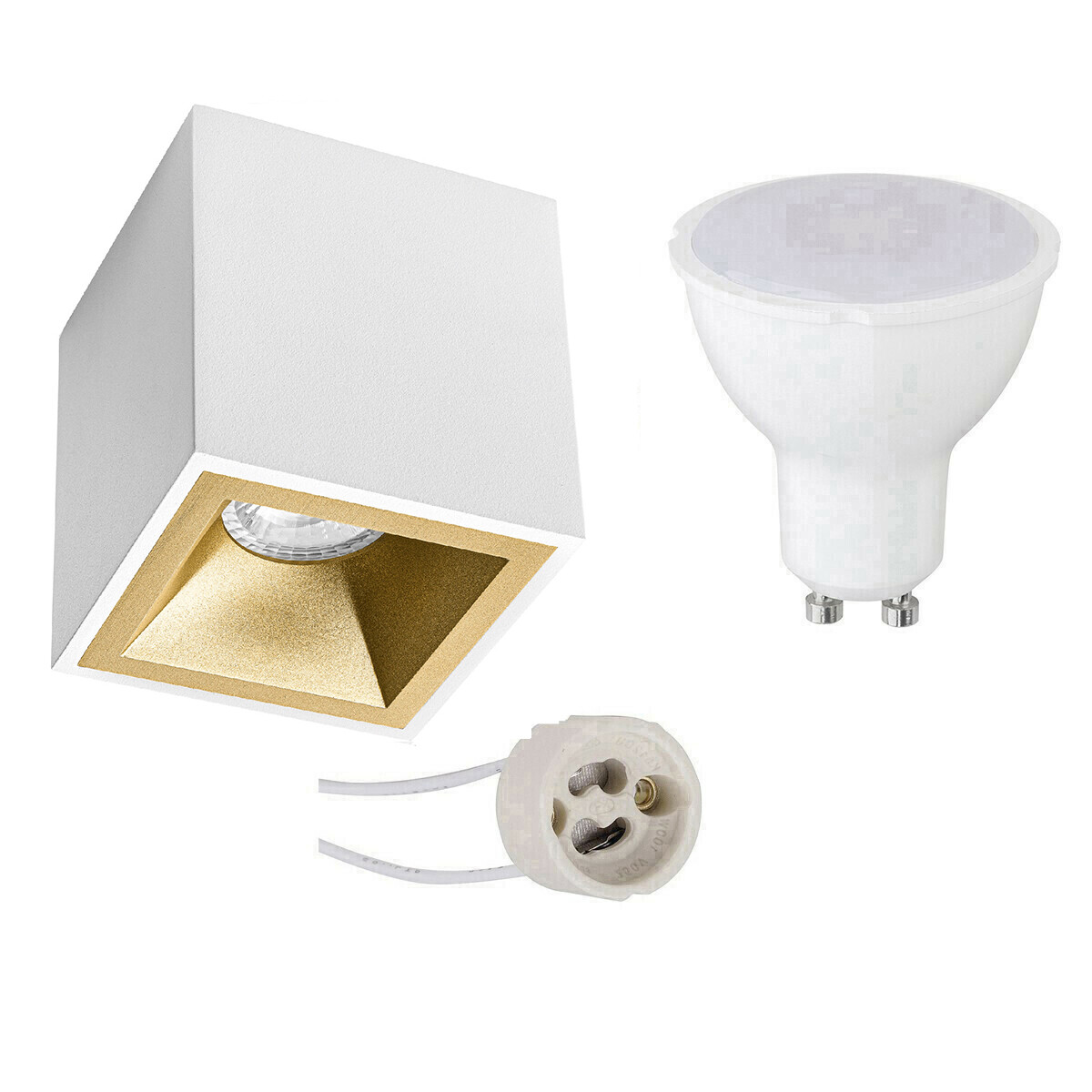 Opbouwspot Set - Pragmi Cliron Pro - GU10 Fitting - Dimbaar - Opbouw Vierkant - Mat Wit/Goud - 6W - Helder/Koud Wit 6400K - Verdiept - 90mm