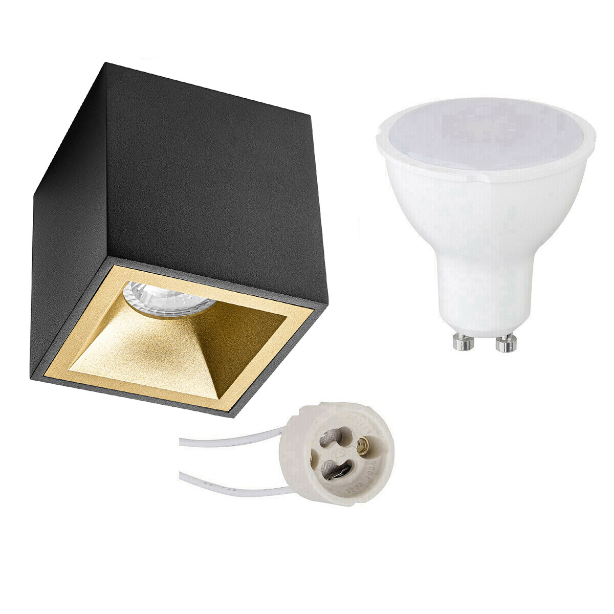 Opbouwspot Set - Pragmi Cliron Pro - GU10 Fitting - Opbouw Vierkant - Mat Zwart/Goud - 4W - Warm Wit 3000K - Verdiept - 90mm