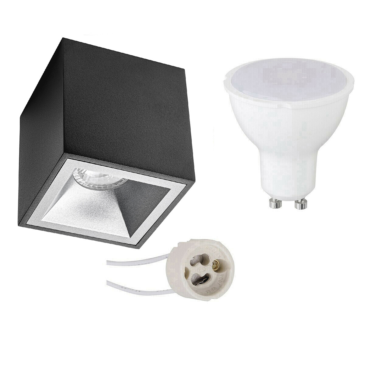 Opbouwspot Set - Aigi - Pragmi Cliron Pro - GU10 Fitting - Opbouw Vierkant - Mat Zwart/Zilver - 8W - Warm Wit 3000K - Verdiept - 90mm