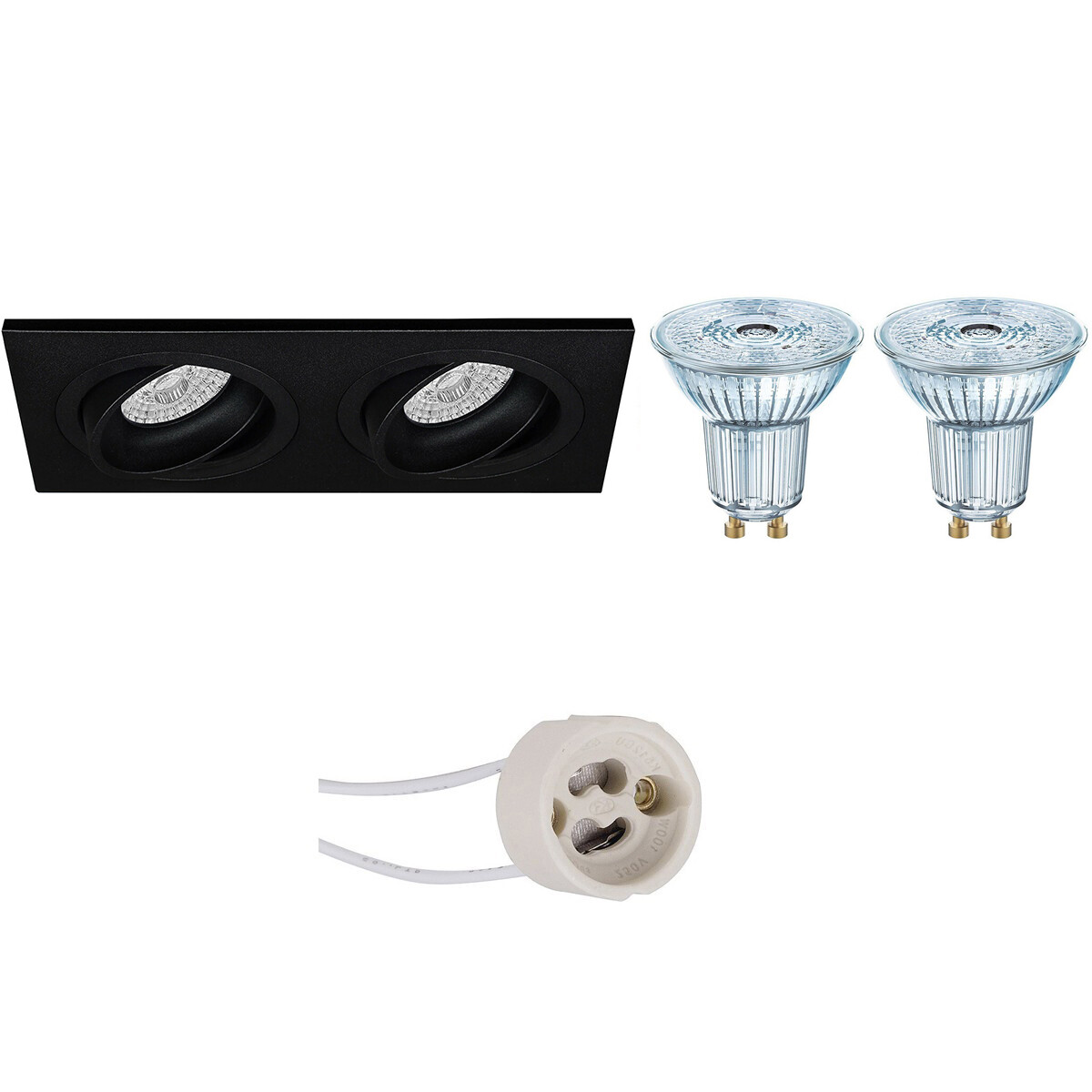 LED Spot Set - LEDVANCE Parathom PAR16 930 36D - Pragmi Borny Pro - GU10 Fitting - Dimbaar - Inbouw Rechthoek Dubbel - Mat Zwart - 4.5W - Warm Wit 3000K - Kantelbaar - 175x92mm