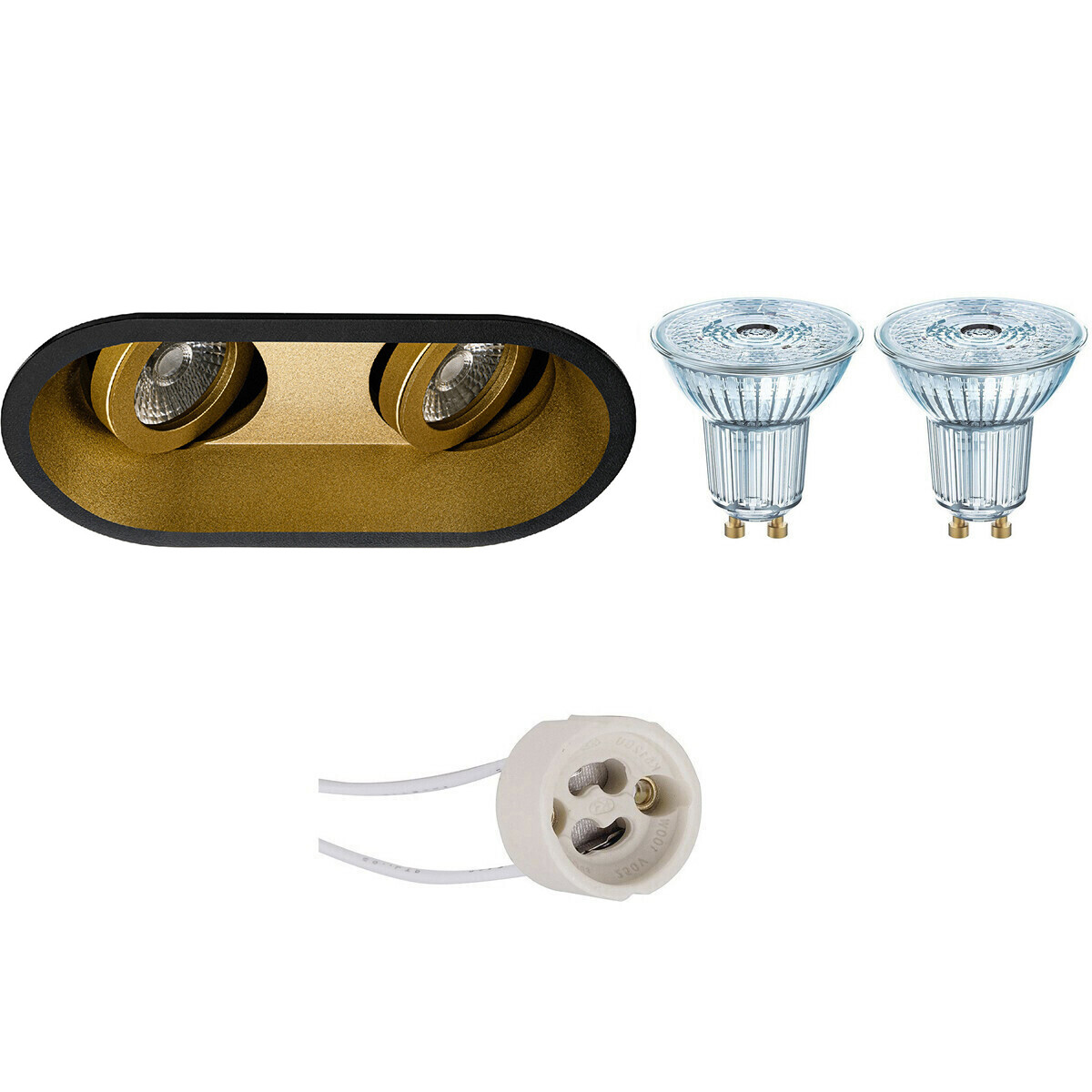 LED Spot Set - LEDVANCE Parathom PAR16 940 36D - Pragmi Zano Pro - GU10 Fitting - Dimbaar - Inbouw Ovaal Dubbel - Mat Zwart/Goud - 3.4W - Natuurlijk Wit 4000K - Kantelbaar - 185x93mm