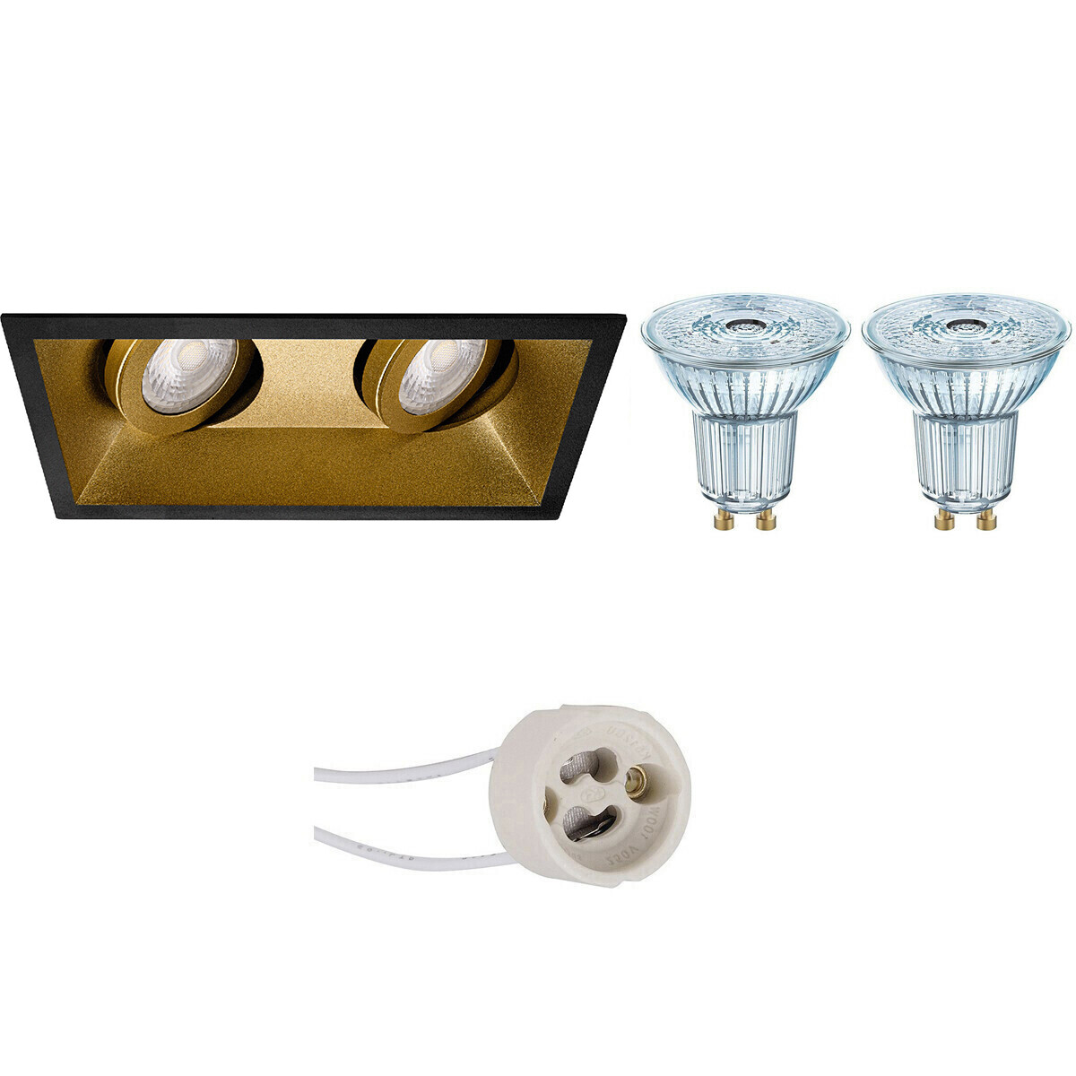 LED Spot Set - LEDVANCE Parathom PAR16 940 36D - Pragmi Zano Pro - GU10 Fitting - Dimbaar - Inbouw Rechthoek Dubbel - Mat Zwart/Goud - 3.4W - Natuurlijk Wit 4000K - Kantelbaar - 185x93mm