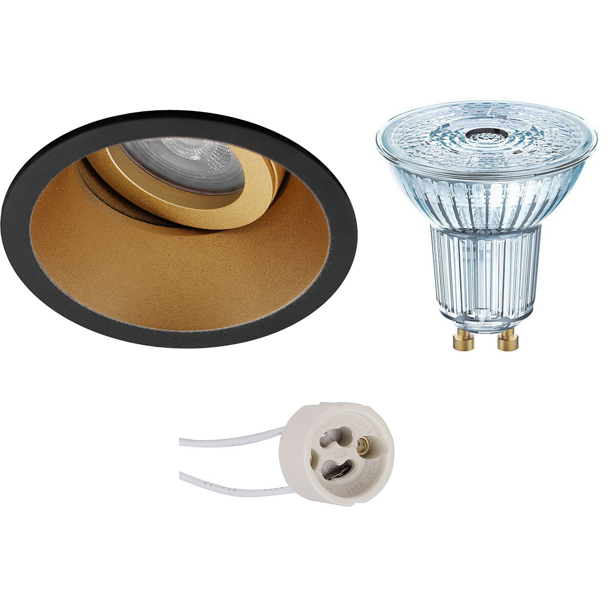 LED Spot Set - LEDVANCE Parathom PAR16 930 36D - Pragmi Zano Pro - GU10 Fitting - Dimbaar - Inbouw Rond - Mat Zwart/Goud - 4.5W - Warm Wit 3000K - Kantelbaar - Ø93mm