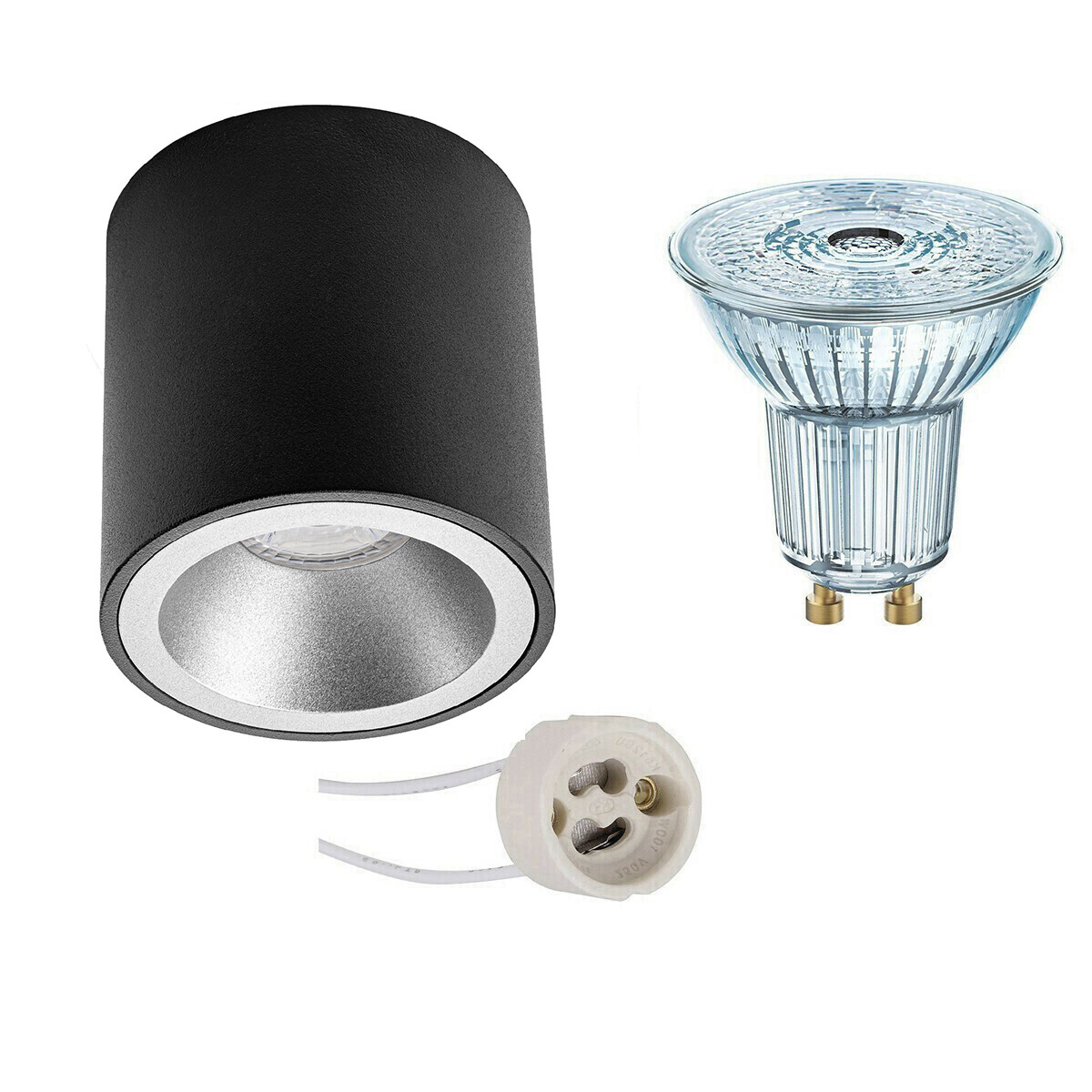 Opbouwspot Set - LEDVANCE Parathom PAR16 930 36D - Pragmi Cliron Pro - GU10 Fitting - Dimbaar - Opbouw Rond - Mat Zwart/Zilver - 3.4W - Warm Wit 3000K - Verdiept - Ø90mm