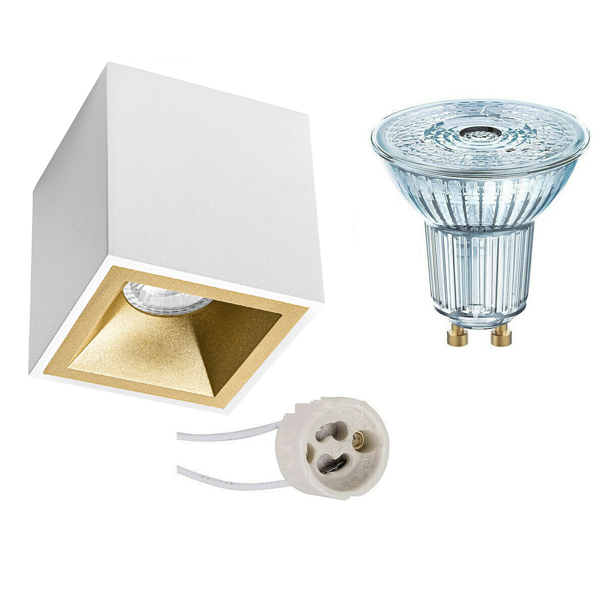 Opbouwspot Set - LEDVANCE Parathom PAR16 940 36D - Pragmi Cliron Pro - GU10 Fitting - Dimbaar - Opbouw Vierkant - Mat Wit/Goud - 3.4W - Natuurlijk Wit 4000K - Verdiept - 90mm