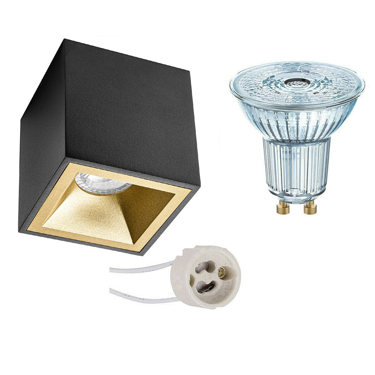 Opbouwspot Set - LEDVANCE Parathom PAR16 940 36D - Pragmi Cliron Pro - GU10 Fitting - Dimbaar - Opbouw Vierkant - Mat Zwart/Goud - 4.5W - Natuurlijk Wit 4000K - Verdiept - 90mm