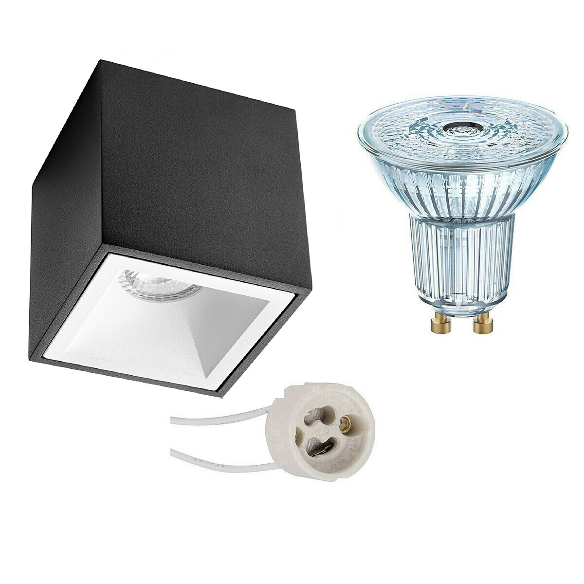 Opbouwspot Set - LEDVANCE Parathom PAR16 940 36D - Pragmi Cliron Pro - GU10 Fitting - Dimbaar - Opbouw Vierkant - Mat Zwart/Wit - 3.4W - Natuurlijk Wit 4000K - Verdiept - 90mm