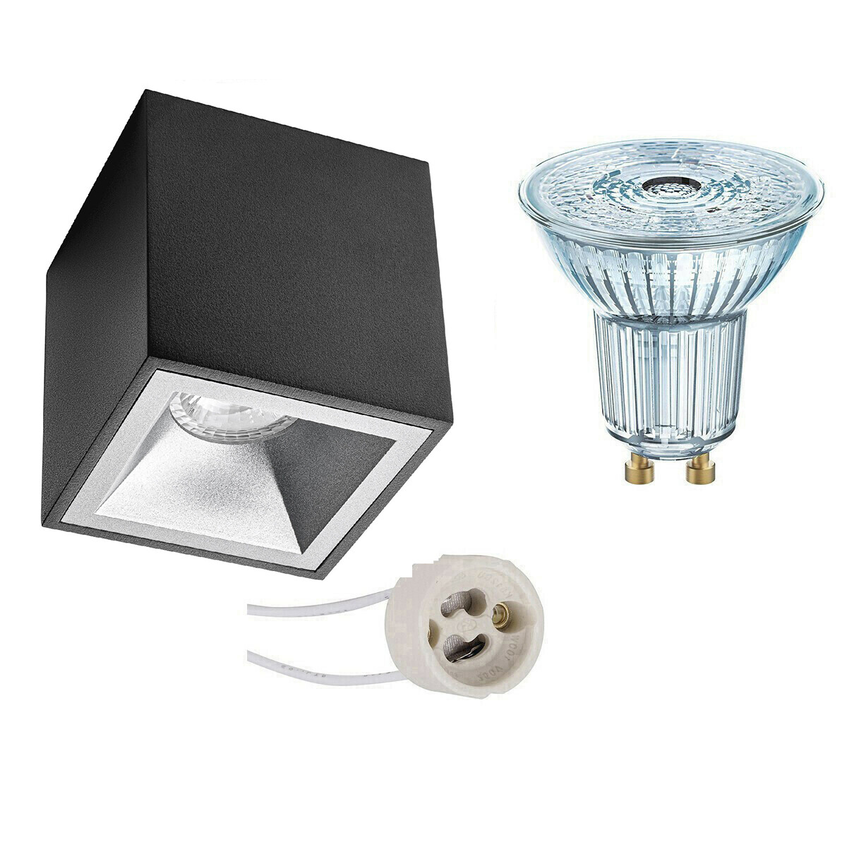 Opbouwspot Set - LEDVANCE Parathom PAR16 927 36D - Pragmi Cliron Pro - GU10 Fitting - Dimbaar - Opbouw Vierkant - Mat Zwart/Zilver - 3.4W - Warm Wit 2700K - Verdiept - 90mm