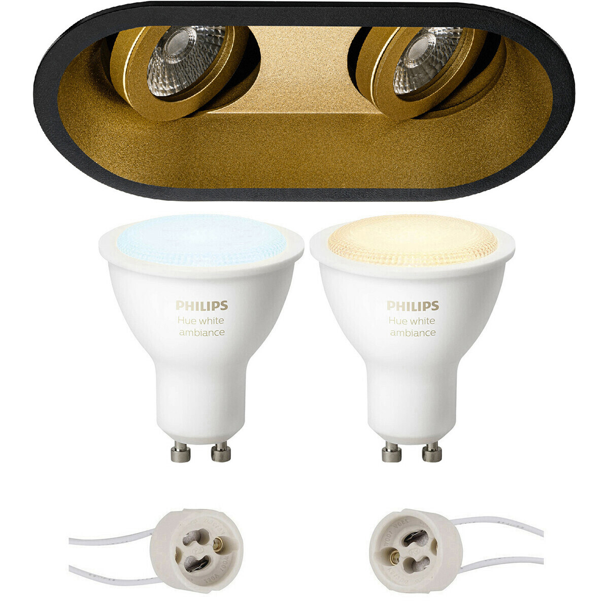 Pragmi Zano Pro - Inbouw Ovaal Dubbel - Mat Zwart/Goud - Kantelbaar - 185x93mm - Philips Hue - LED Spot Set GU10 - White Ambiance - Bluetooth