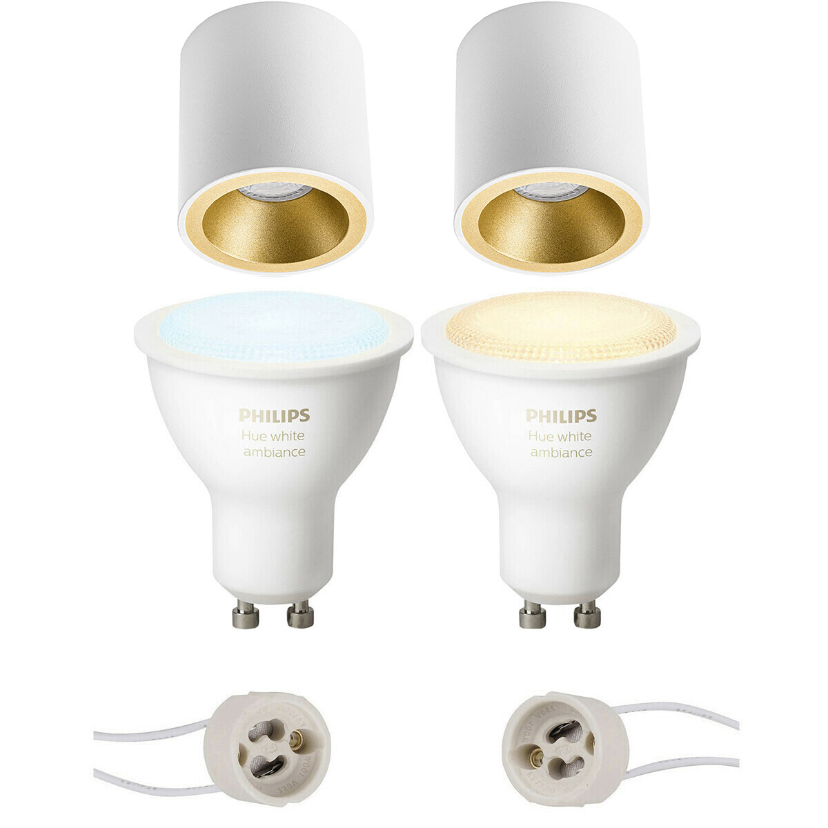 Pragmi Cliron Pro - Opbouw Rond - Mat Wit/Goud - Verdiept - Ø90mm - Philips Hue - Opbouwspot Set GU10 - White Ambiance - Bluetooth