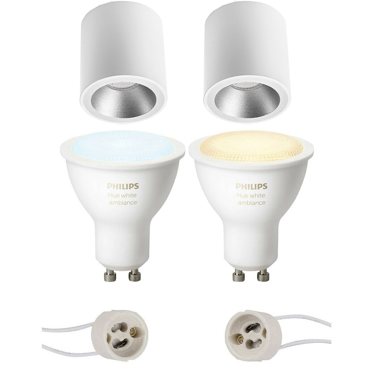 Pragmi Cliron Pro - Opbouw Rond - Mat Wit/Zilver - Verdiept - Ø90mm - Philips Hue - Opbouwspot Set GU10 - White Ambiance - Bluetooth