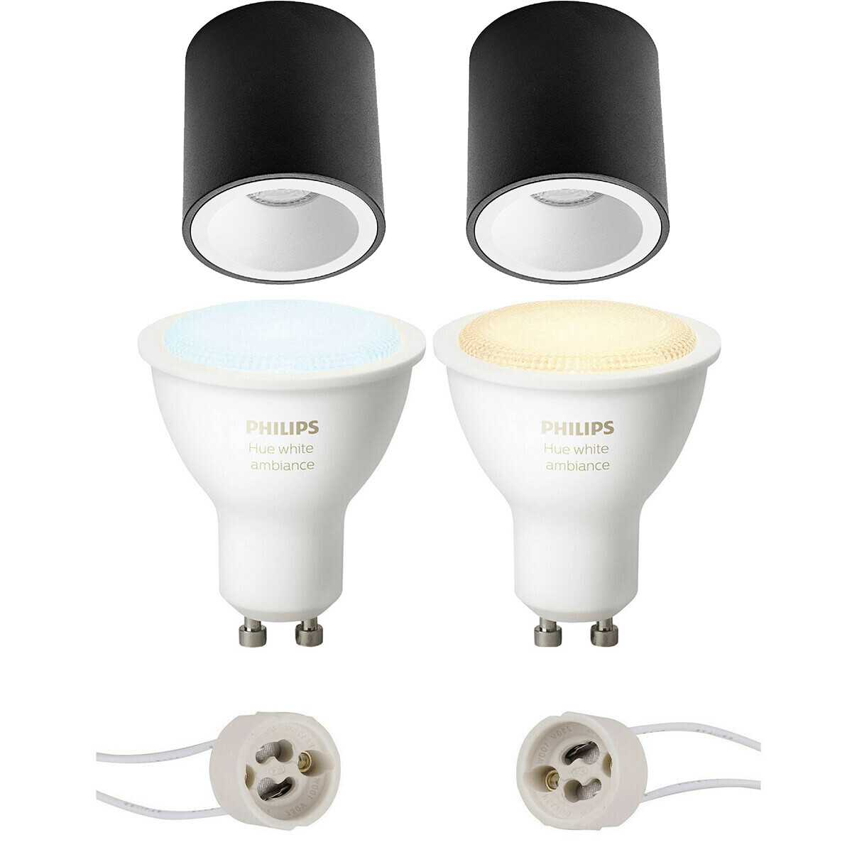 Pragmi Cliron Pro - Opbouw Rond - Mat Zwart/Wit - Verdiept - Ø90mm - Philips Hue - Opbouwspot Set GU10 - White Ambiance - Bluetooth