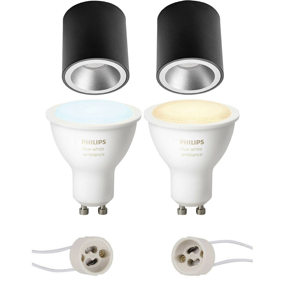 Pragmi Cliron Pro - Opbouw Rond - Mat Zwart/Zilver - Verdiept - Ø90mm - Philips Hue - Opbouwspot Set GU10 - White Ambiance - Bluetooth