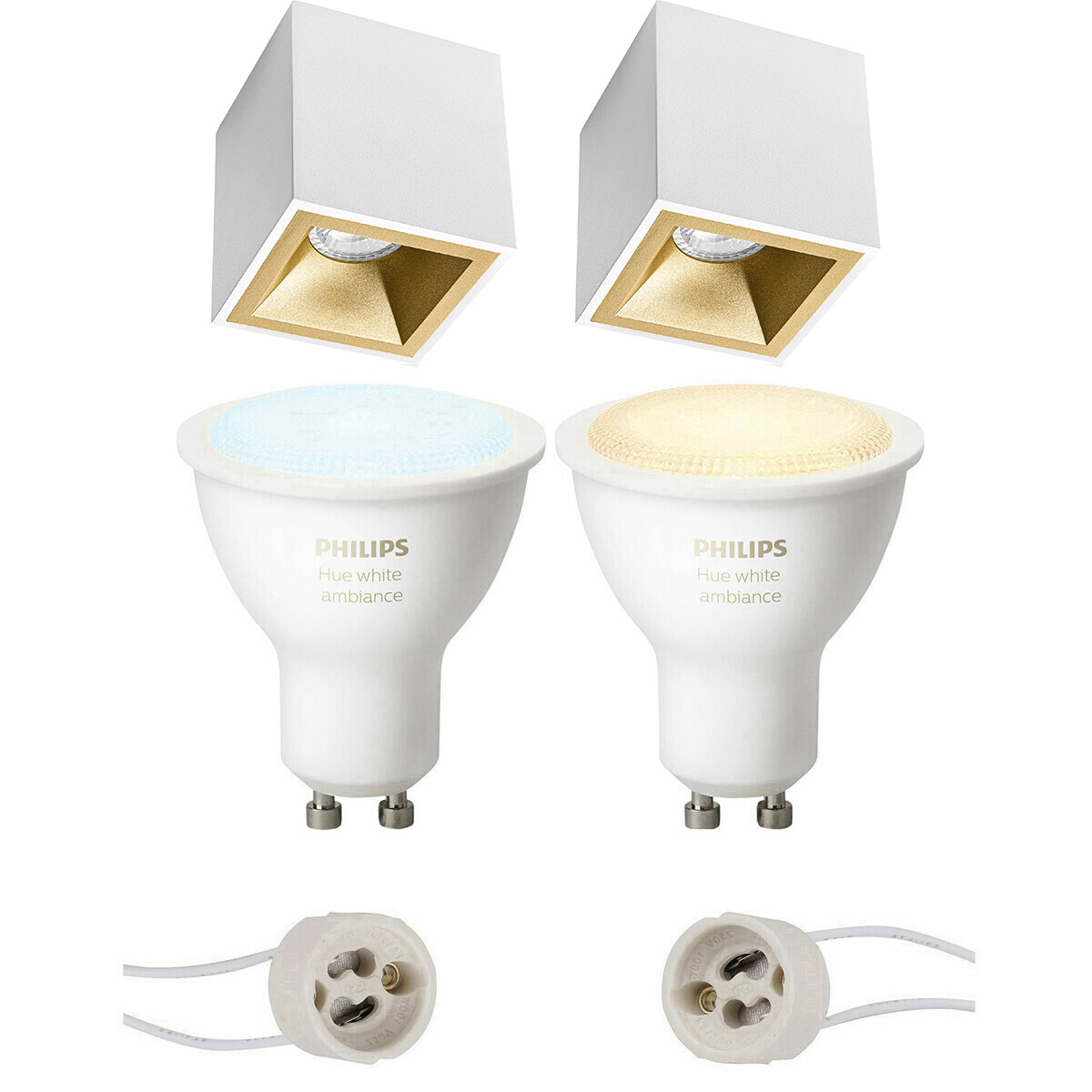 Pragmi Cliron Pro - Opbouw Vierkant - Mat Wit/Goud - Verdiept - 90mm - Philips Hue - Opbouwspot Set GU10 - White Ambiance - Bluetooth