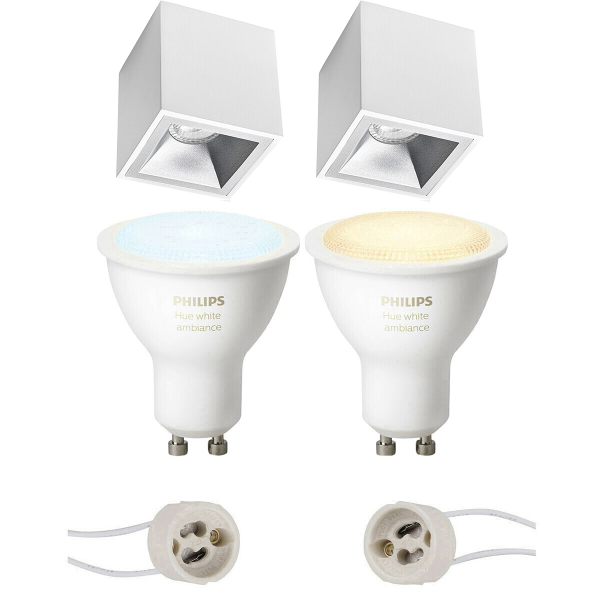 Pragmi Cliron Pro - Opbouw Vierkant - Mat Wit/Zilver - Verdiept - 90mm - Philips Hue - Opbouwspot Set GU10 - White Ambiance - Bluetooth